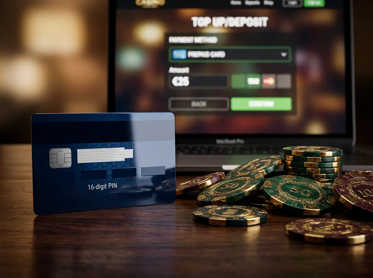 Tarjeta prepago Paysafecard junto a fichas de casino y una pantalla de deposito en un casino en linea