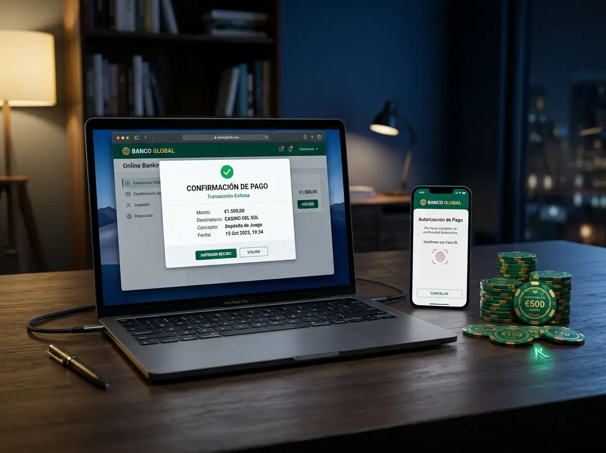 Pantalla de computadora con interfaz de pago Trustly junto a fichas de casino y smartphone con autorizacion bancaria