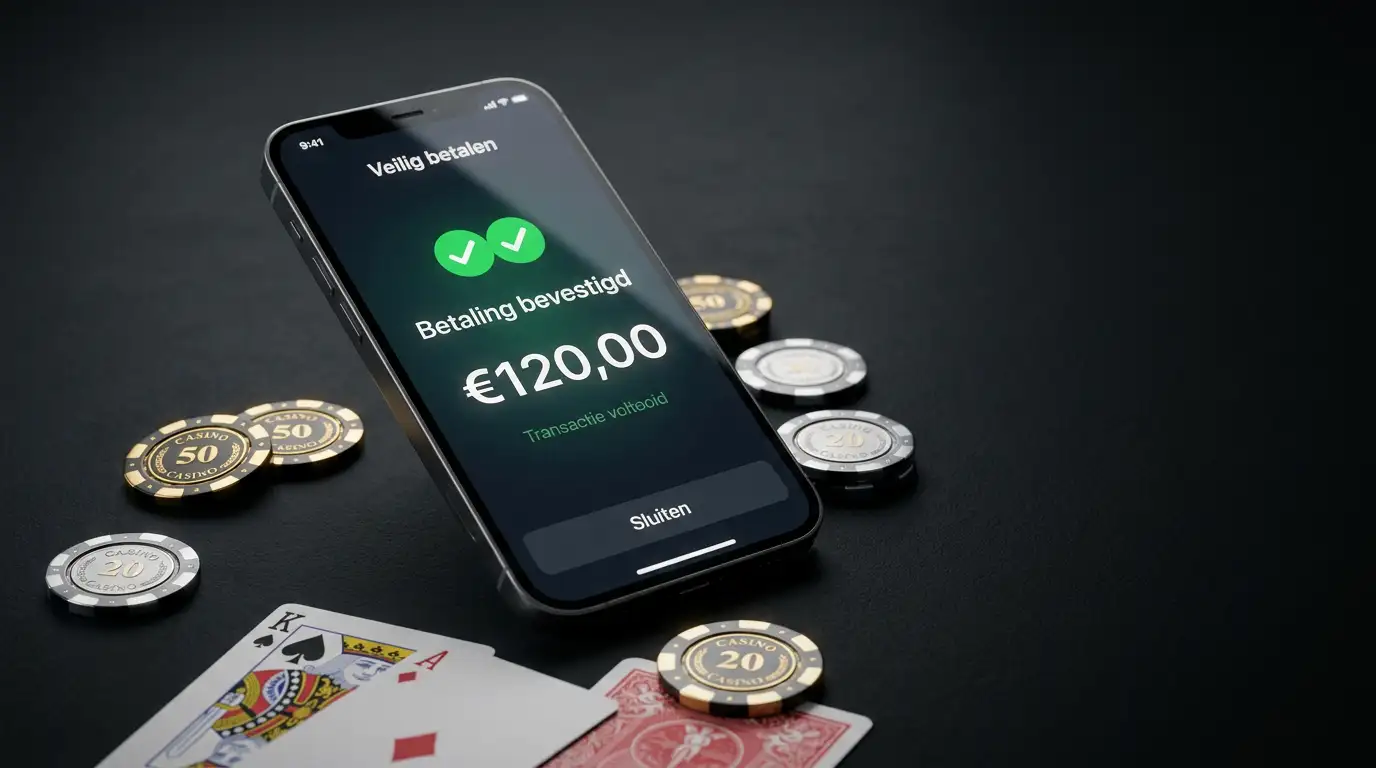 Smartphone met mobiele betaalinterface naast casinofiches op een donkere ondergrond
