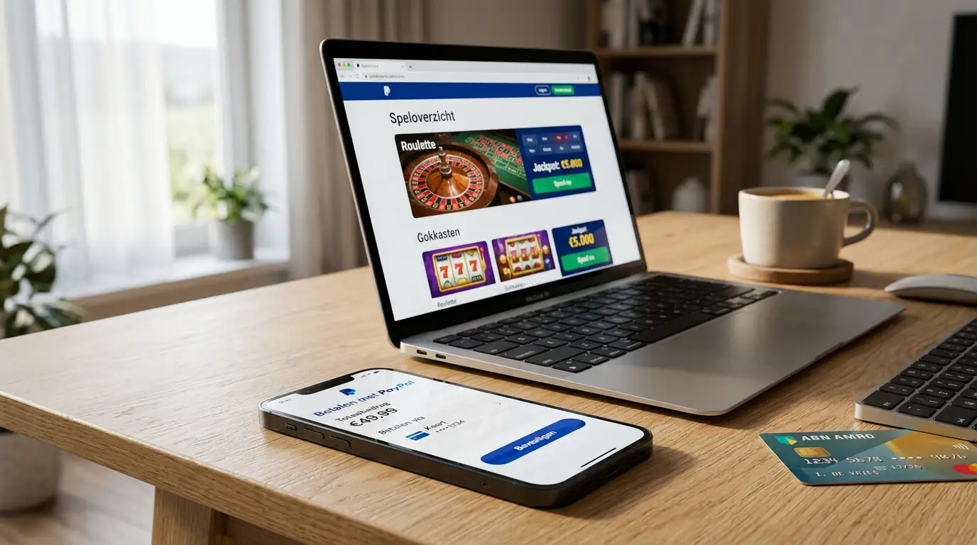 PayPal-betaling op een smartphone naast een laptop met een online casino-interface in een Nederlands interieur