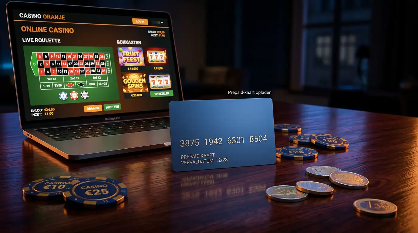 Paysafecard prepaidkaart naast een laptop met een online casino op het scherm in een donkere sfeervolle omgeving
