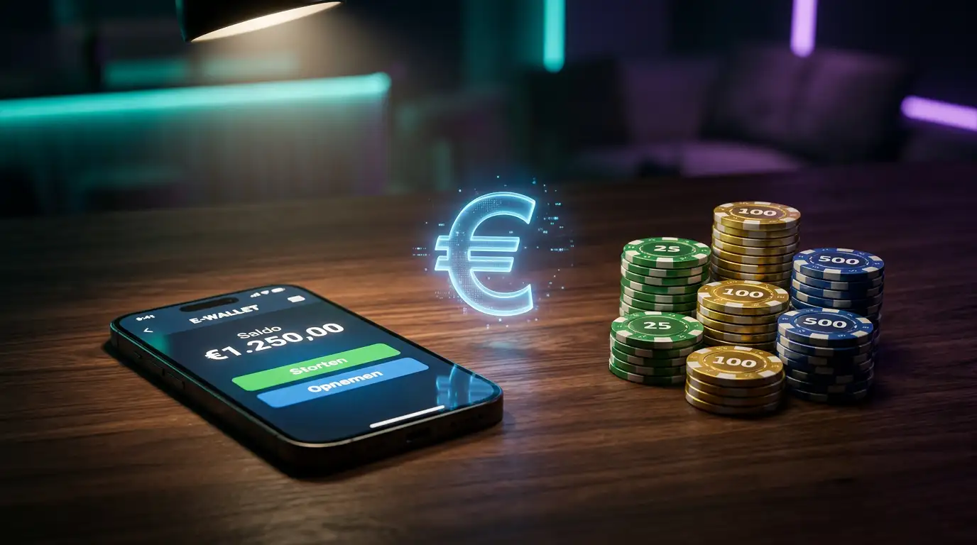 Digitale portemonnee Payz naast casinofiches op een speeltafel met neonverlichting