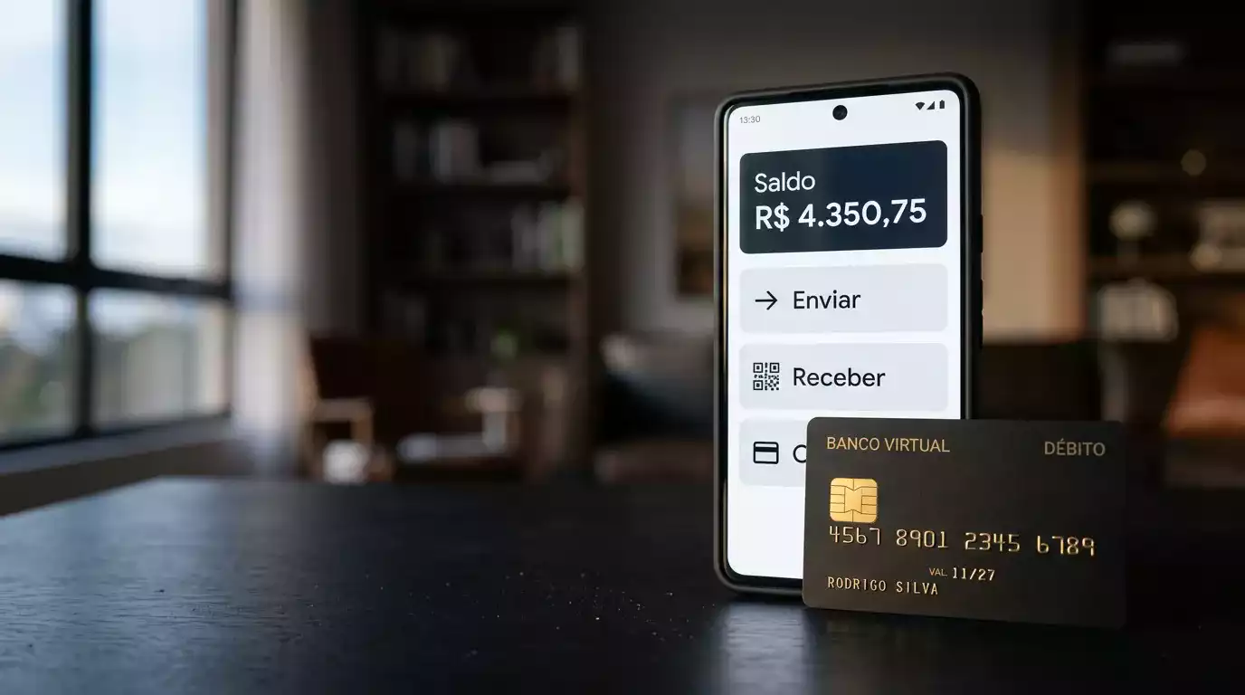 Smartphone com aplicacao de carteira digital e cartao Mastercard sobre fundo escuro com reflexos dourados