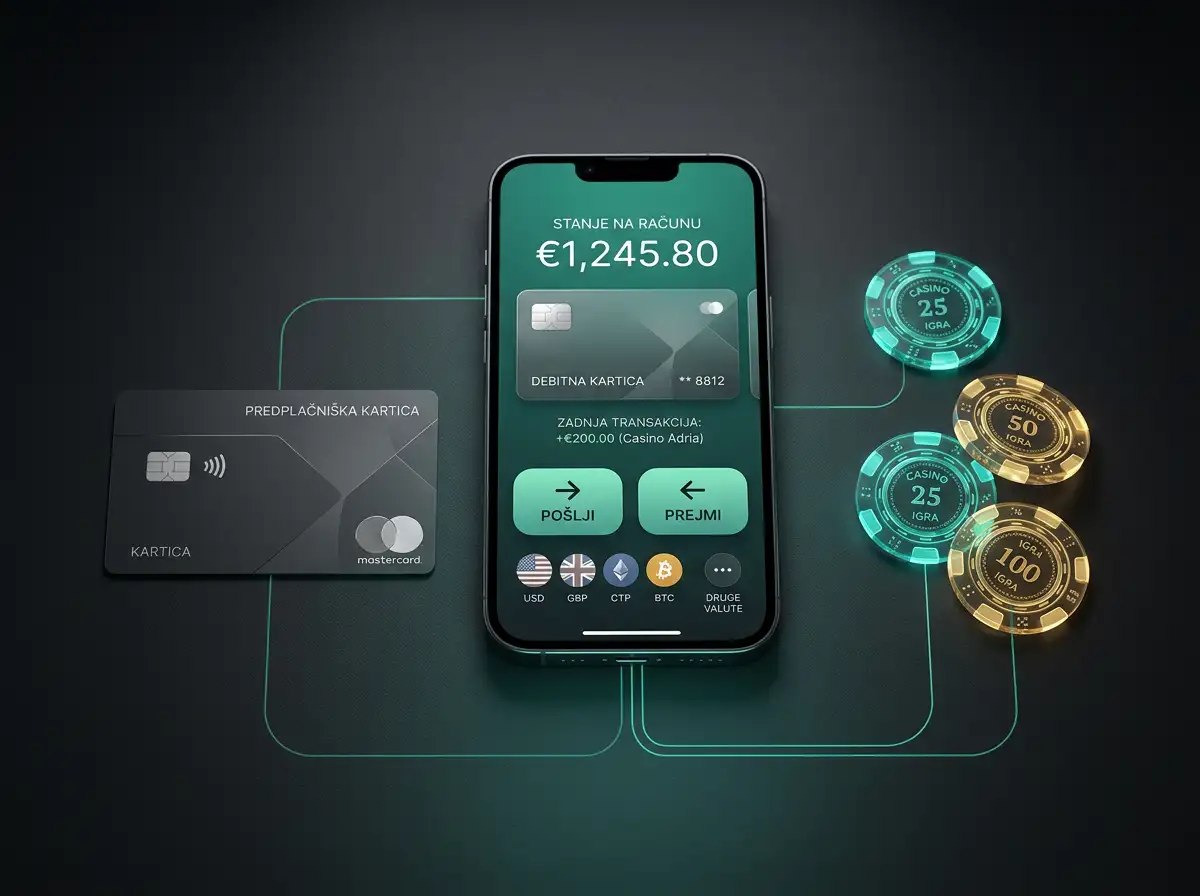Rozhranie elektronickej penazenky Payz na obrazovke smartfonu s platobnymi kartami a zetonmi kasína v okoli