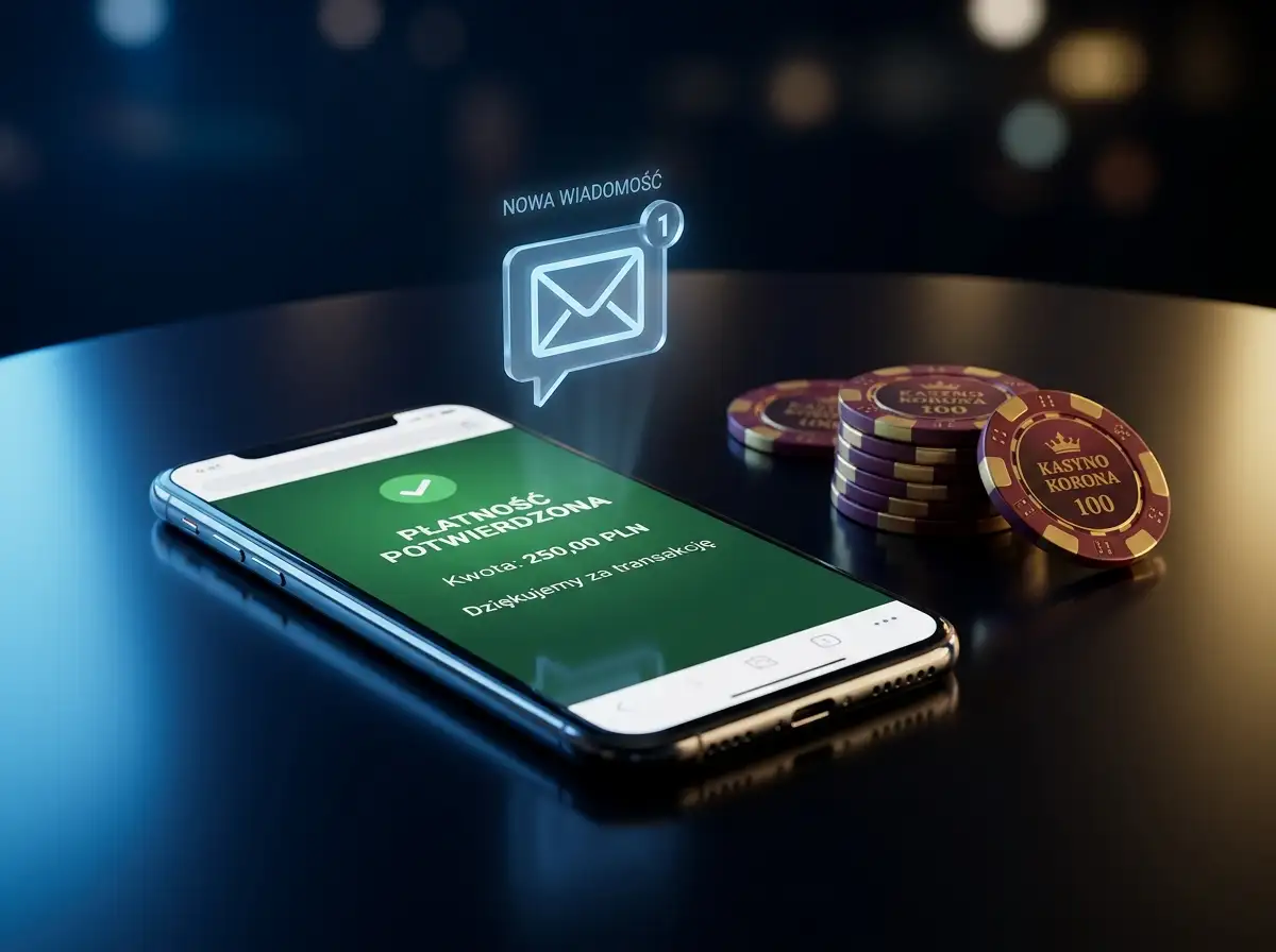 Smartfon z potwierdzeniem platnosci SMS na tle fiszy kasynowych w ciemnej, klimatycznej scenerii iGaming