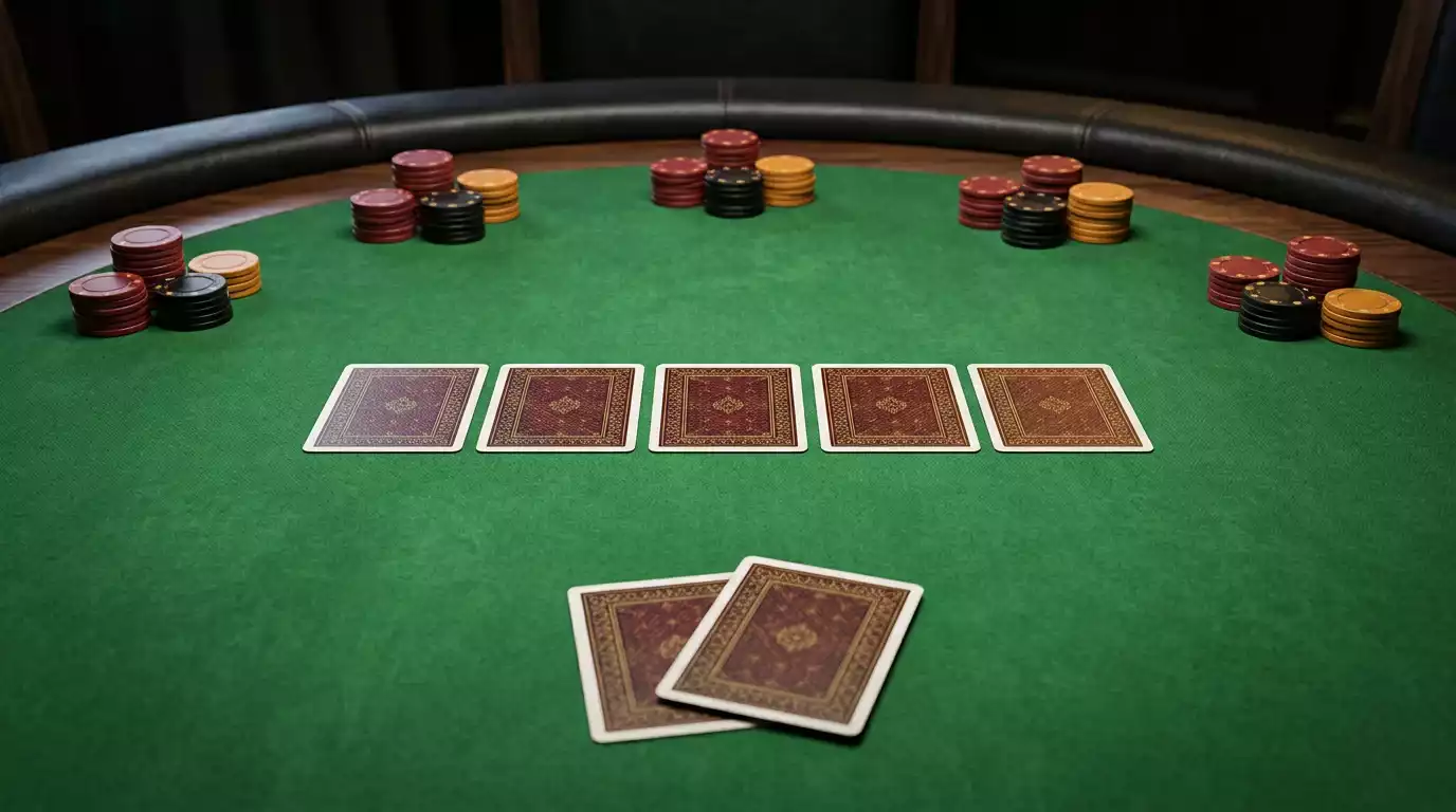 Mesa de poker online com cartas comunitarias fichas e interface digital num ambiente de casino moderno