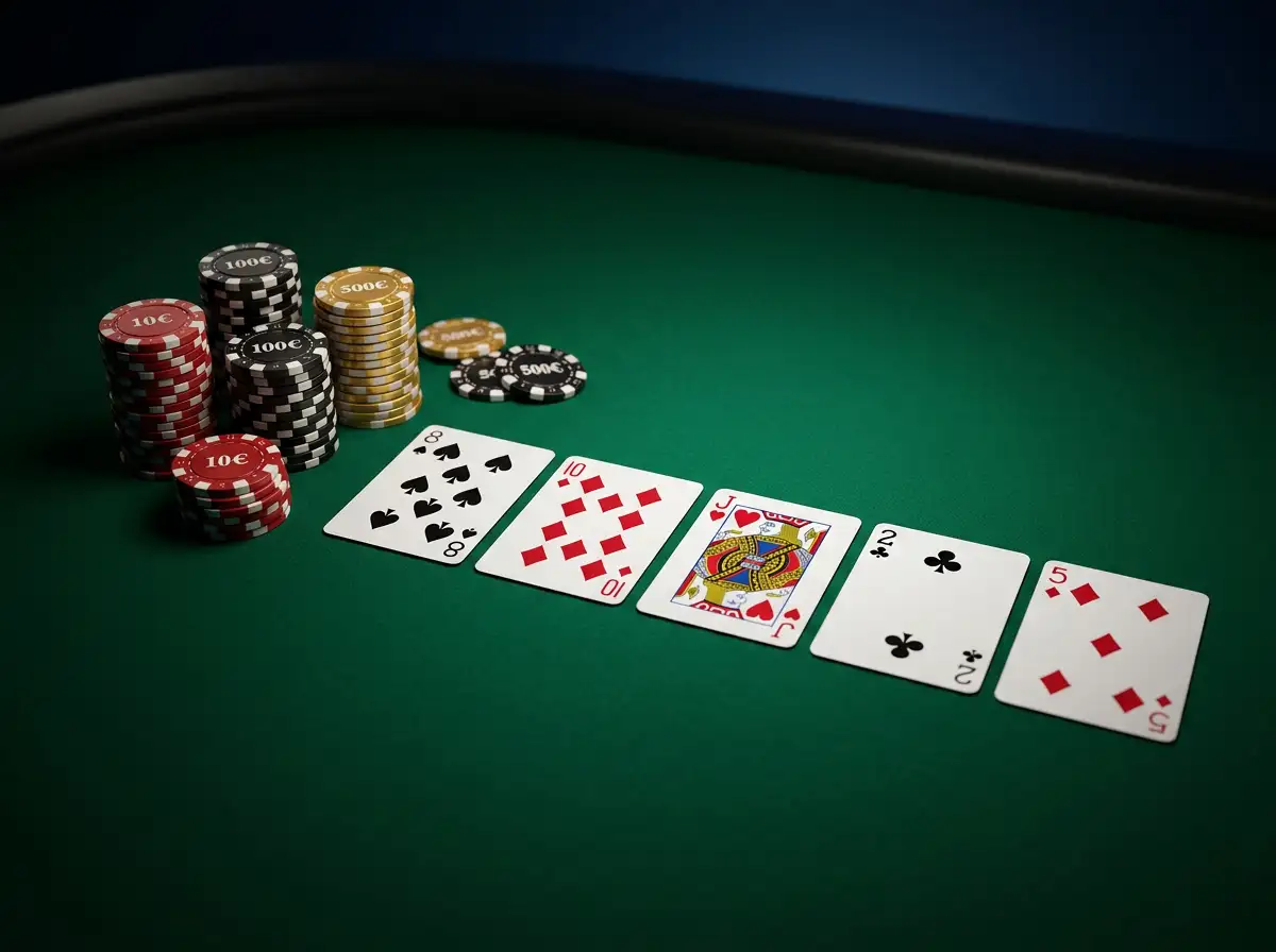 Pokerovy stol s kartami a zetonmi v elegantnom online kasine