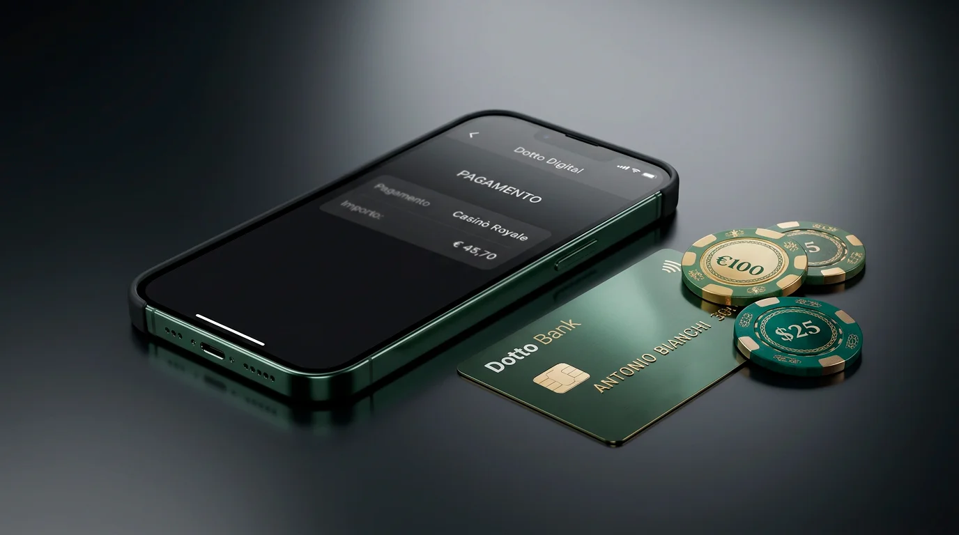 Smartphone con interfaccia di portafoglio digitale per pagamento al casino e carta prepagata verde con fiche