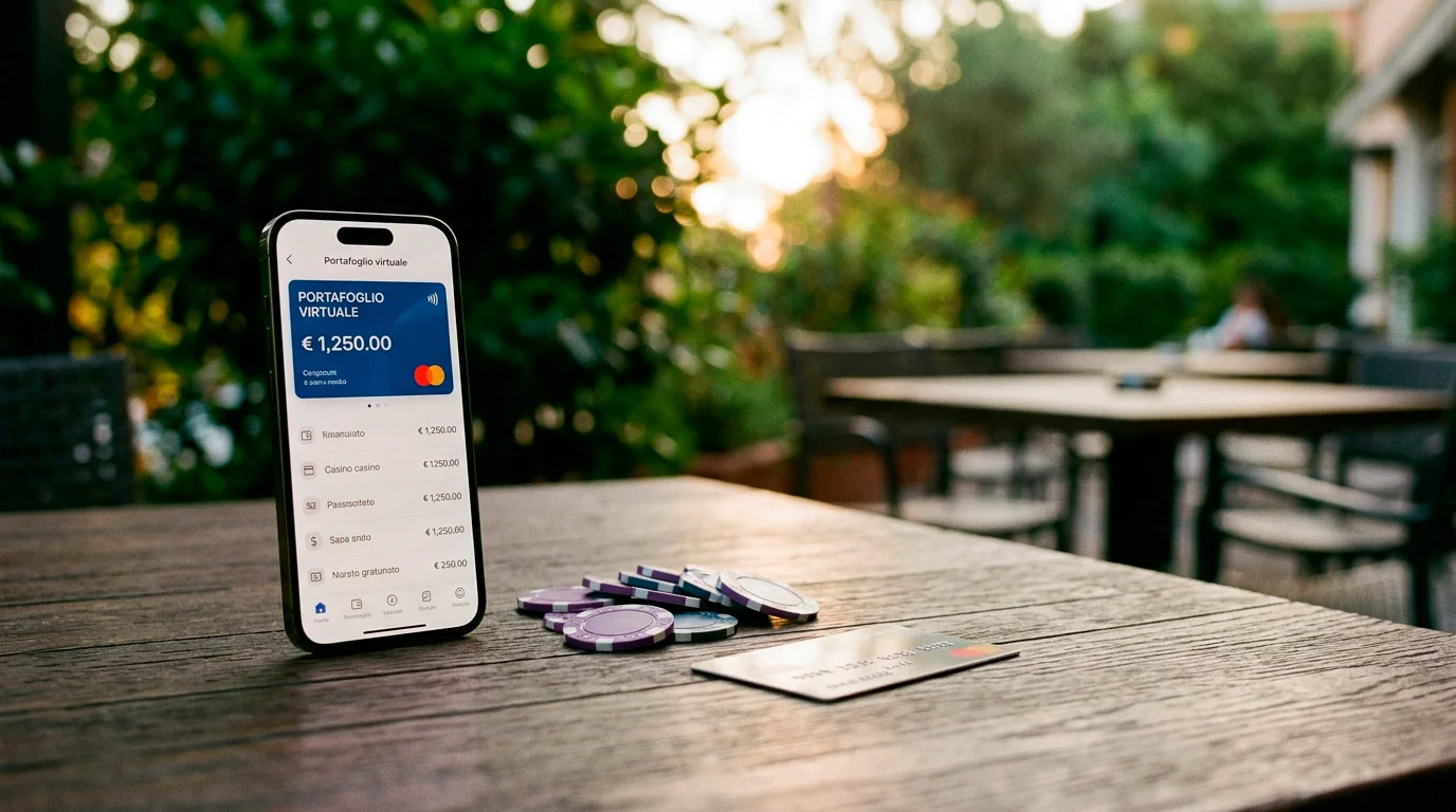 Portafoglio digitale Skrill su schermo di smartphone accanto a fiches da casino e carte di pagamento su superficie scura