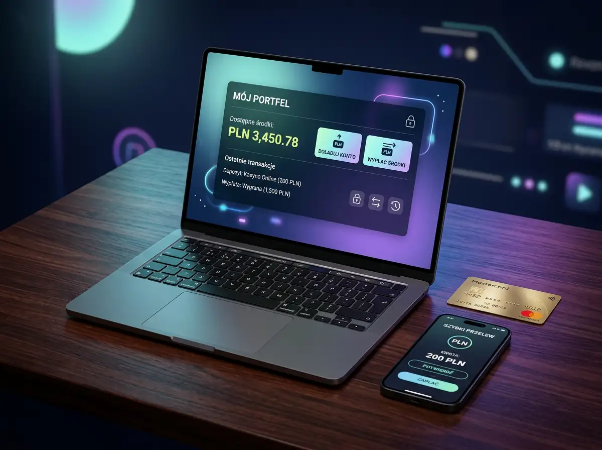 Portfel elektroniczny Payz do platnosci w kasynach online - laptop z interfejsem e-portfela, karta Mastercard i smartfon