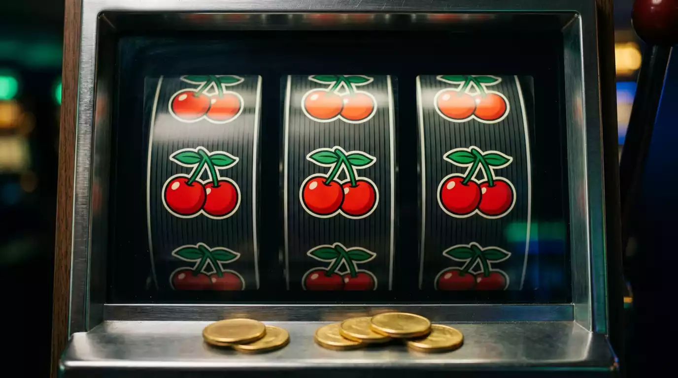 Rolos de slot machine em movimento com simbolos dourados sobre fundo escuro iluminado por luzes neon verdes e azuis