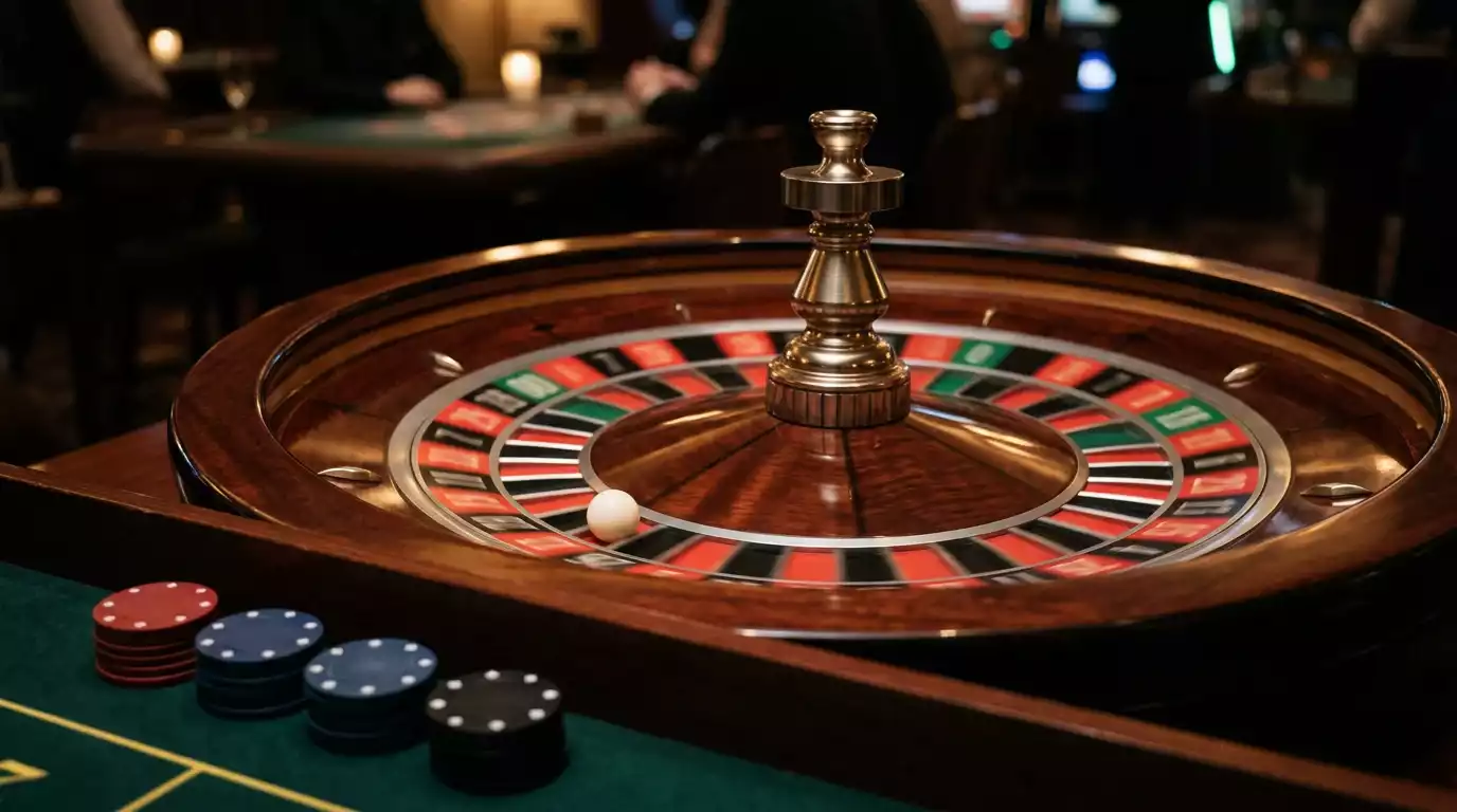 Mesa de roleta americana com roda de 38 numeros, incluindo zero e duplo zero, num ambiente de casino