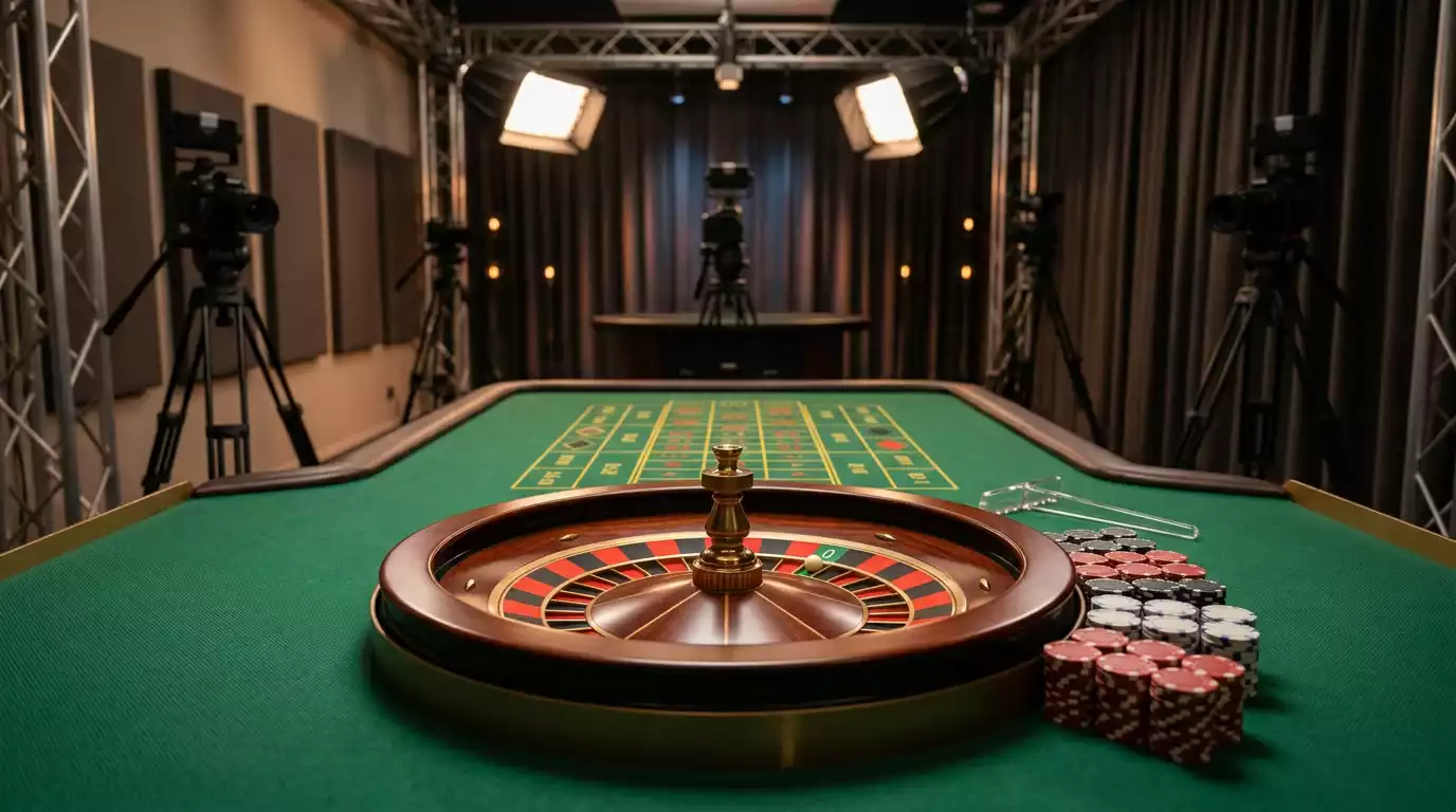 Mesa de roleta ao vivo com croupier profissional e roda em movimento num estudio de casino online