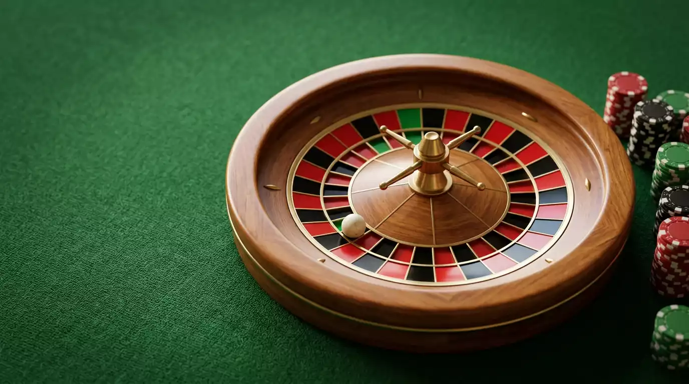Roda de roleta europeia com 37 casas numeradas e bola branca em movimento sobre fundo de mesa de casino