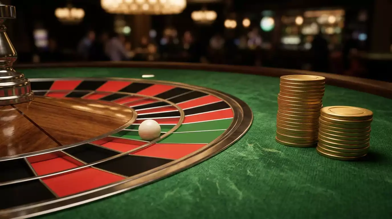 Mesa de roleta europeia com a bola a girar sobre os compartimentos vermelhos e pretos
