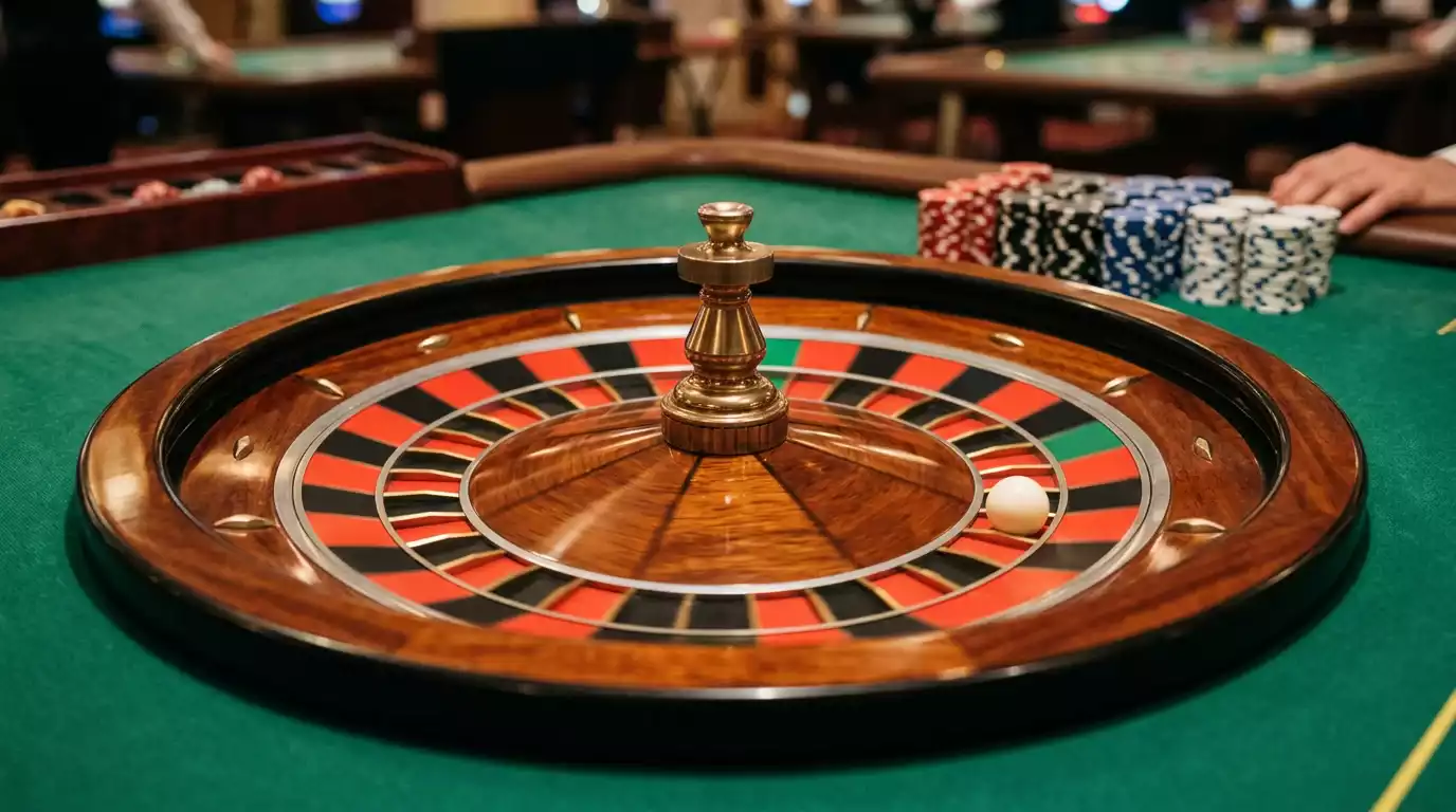 Roda de roleta francesa com numeros vermelhos e pretos e o zero verde num ambiente de casino elegante