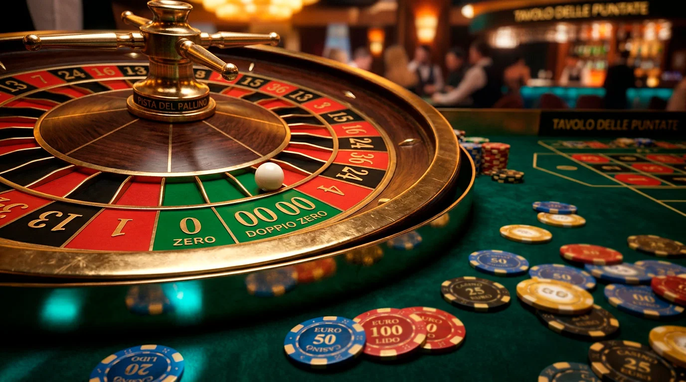 Ruota della roulette americana con doppio zero e fiche colorate su tappeto verde da casino
