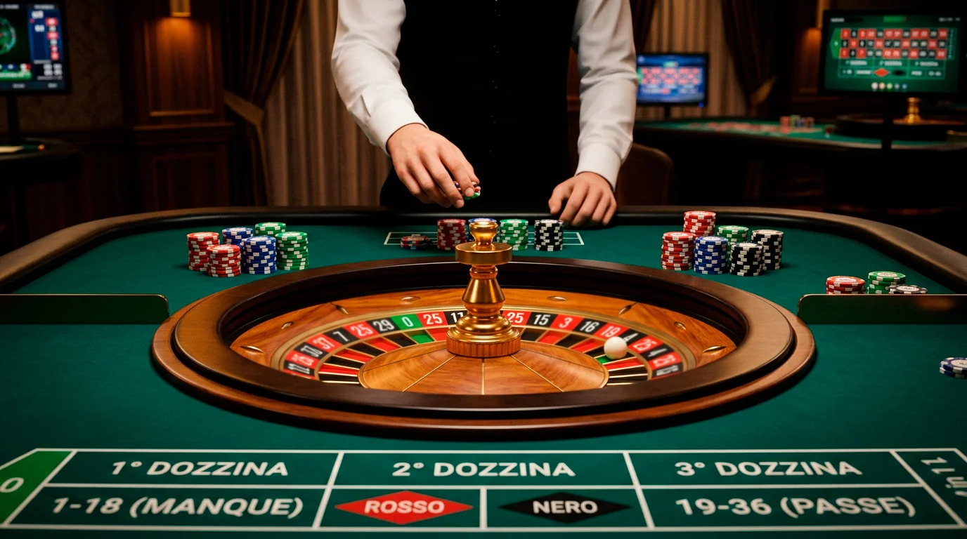 Tavolo di roulette dal vivo con croupier, ruota europea e fiche colorate in studio professionale