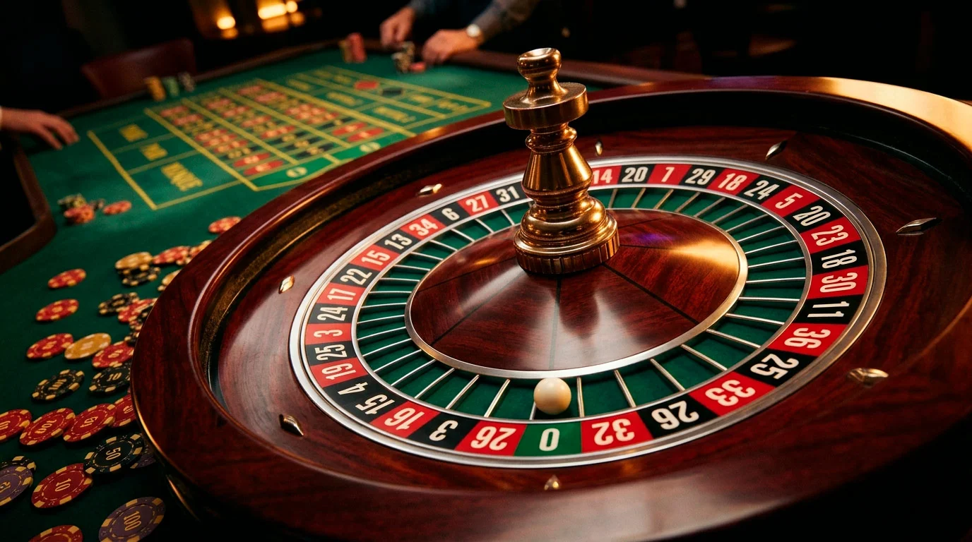 Ruota della roulette europea con pallina bianca nel settore zero e fiches colorate sul tavolo verde