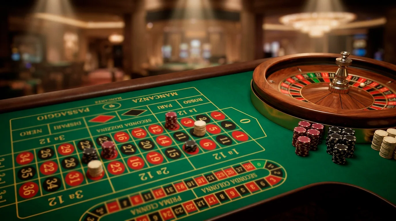 Tavolo da roulette francese con sukno verde, fiche e ruota con singolo zero