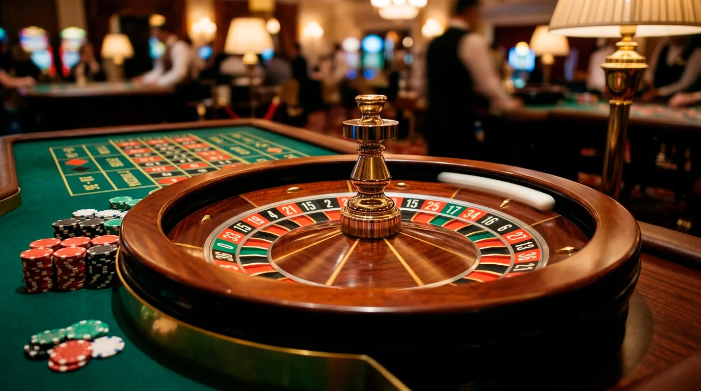 Ruota della roulette in movimento con pallina bianca e fiches colorate su tavolo da gioco verde
