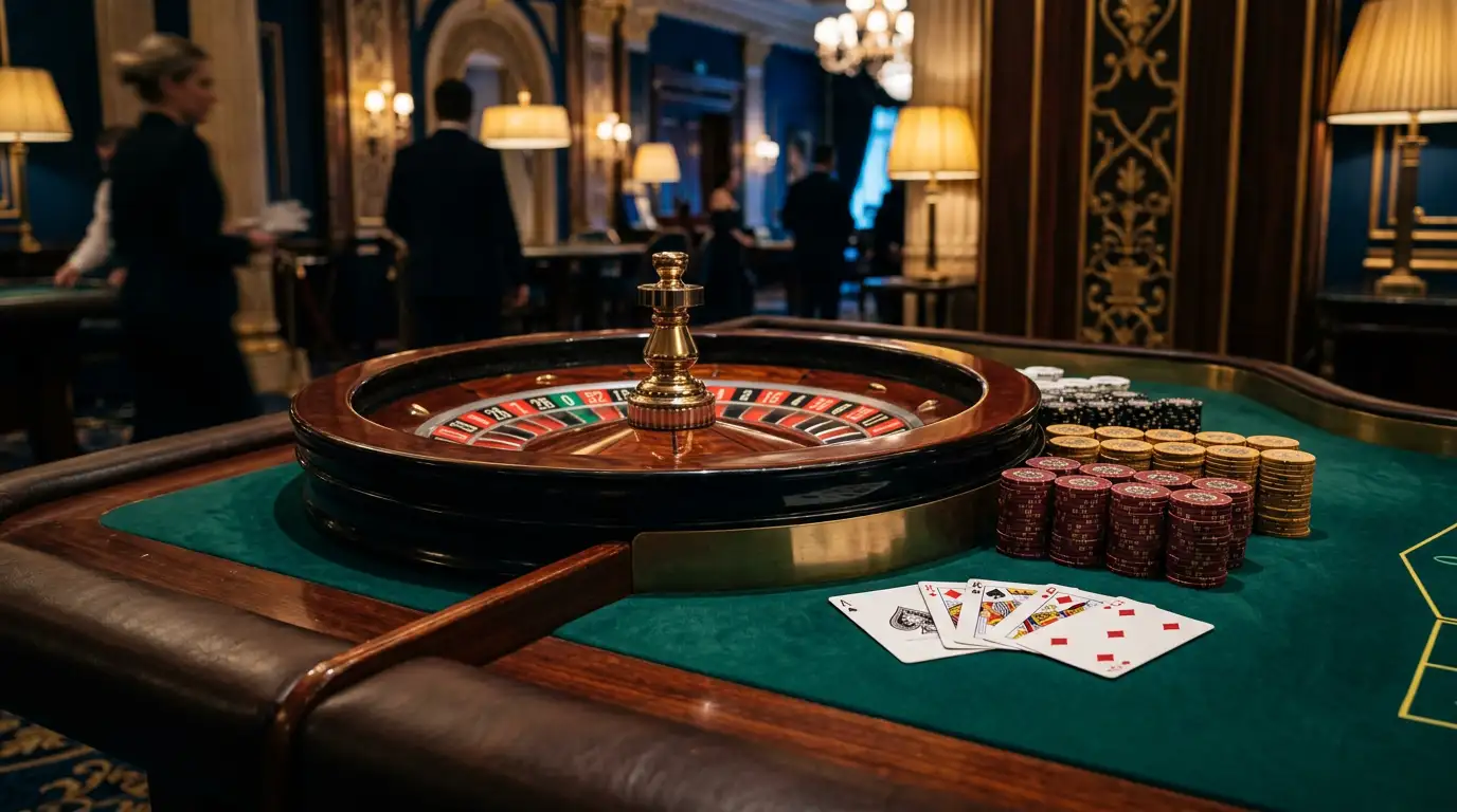 Roulettetafel met speelkaarten en fiches in een sfeervolle casinosetting