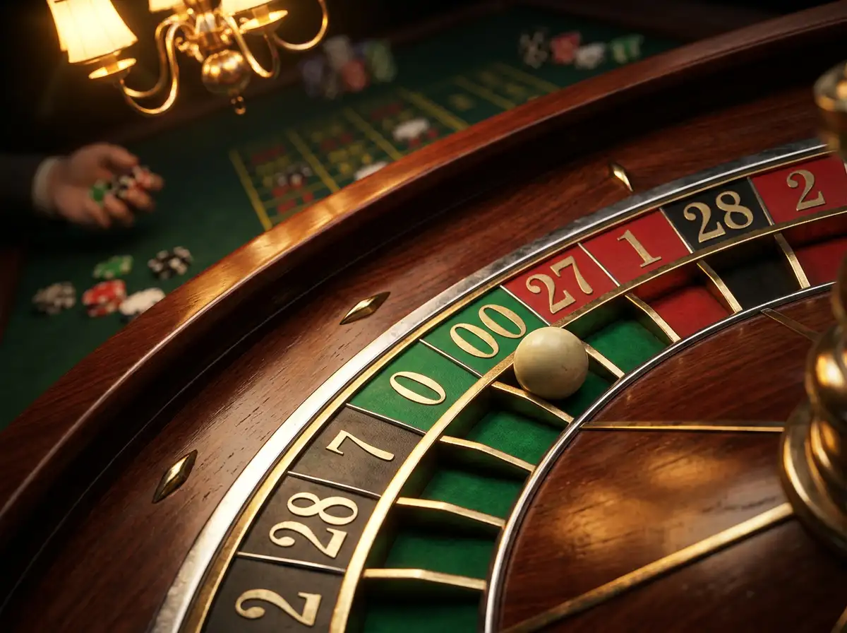 Rueda de ruleta americana con casillas del doble cero iluminada en un ambiente de casino con tonos verdes y dorados