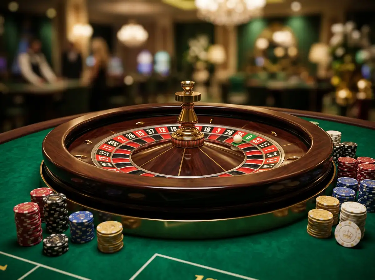 Mesa de ruleta europea con fichas de colores y bola girando sobre el cilindro en un casino profesional