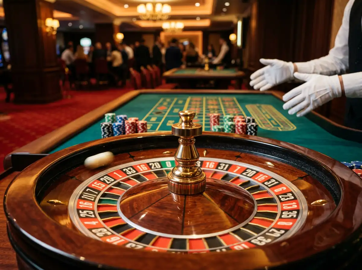 Mesa de ruleta en vivo con crupier profesional en un estudio de casino