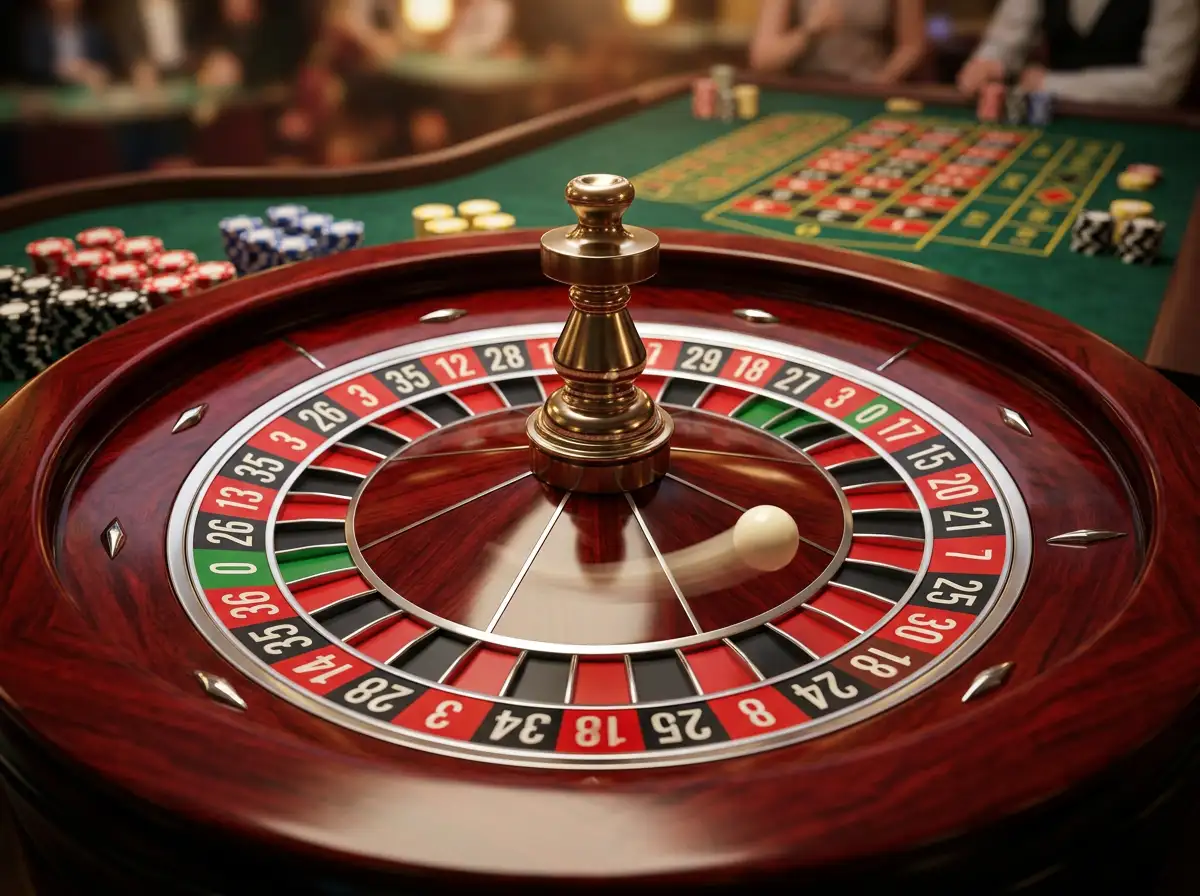Rueda de ruleta europea con 37 casillas numeradas del 0 al 36 sobre un tapete verde de casino