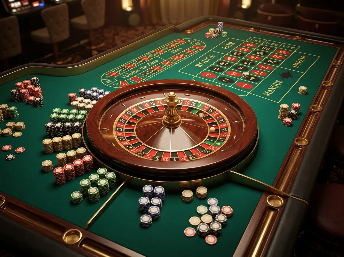 Mesa de ruleta francesa con tapete verde, fichas de colores y rueda de 37 casillas en un casino elegante