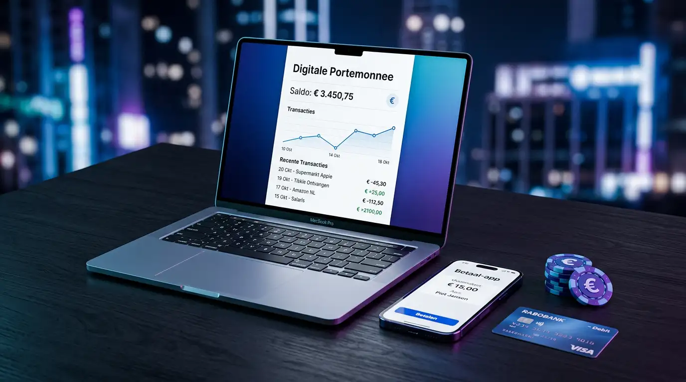 Digitale portemonnee Skrill op een smartphone naast casinofiches en een laptopscherm met een online betaalpagina