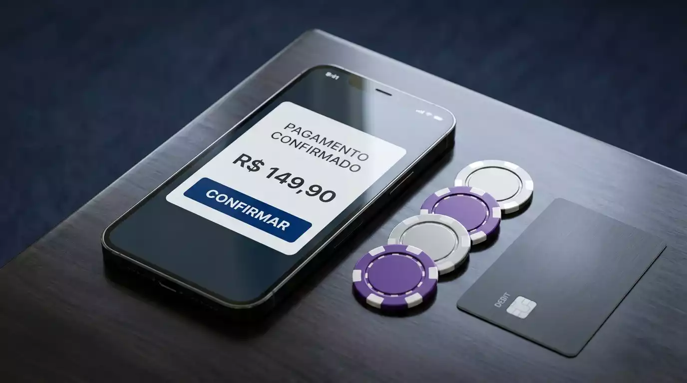 Carteira digital Skrill representada por um telemovel com interface de pagamento junto a fichas de casino e cartao bancario sobre fundo escuro