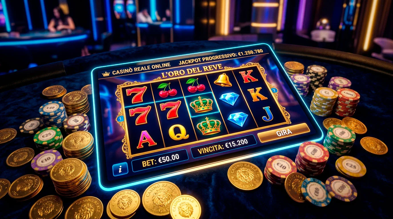 Slot machine a soldi veri con fiches e monete dorate su sfondo scuro in un ambiente da casino digitale