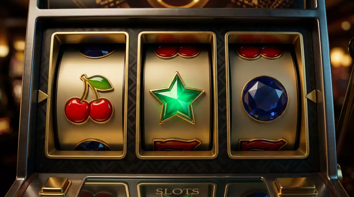 Rolos de uma slot machine digital com simbolos coloridos de frutas e estrelas sobre fundo de luzes de casino