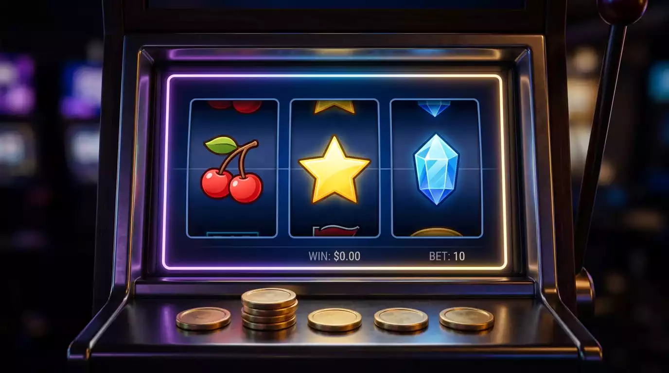 Ecra de slot machine digital com simbolos coloridos de frutas e numeros dourados a girar, iluminado por luzes neon num ambiente de casino online