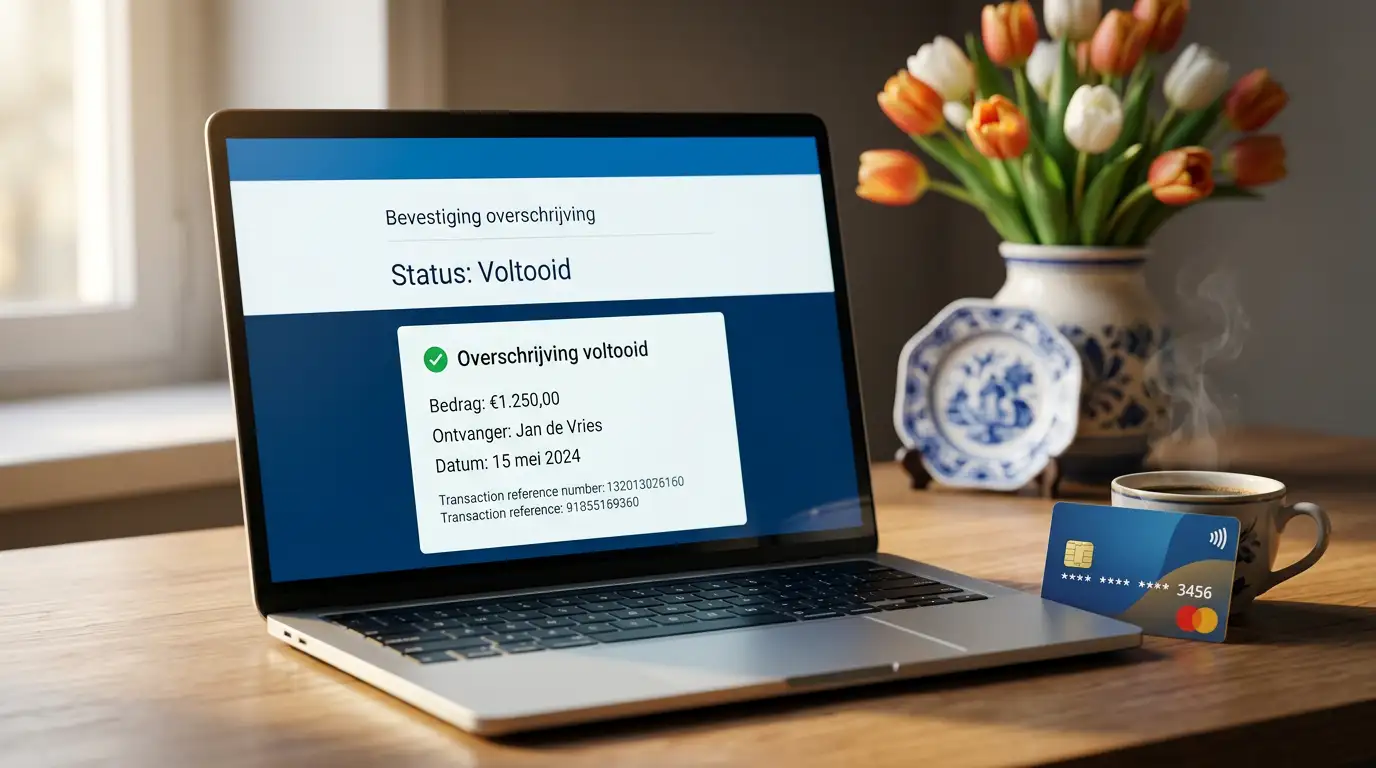 Digitale bankoverschrijving via Sofort op een laptopscherm met Nederlandse online casinoomgeving op de achtergrond