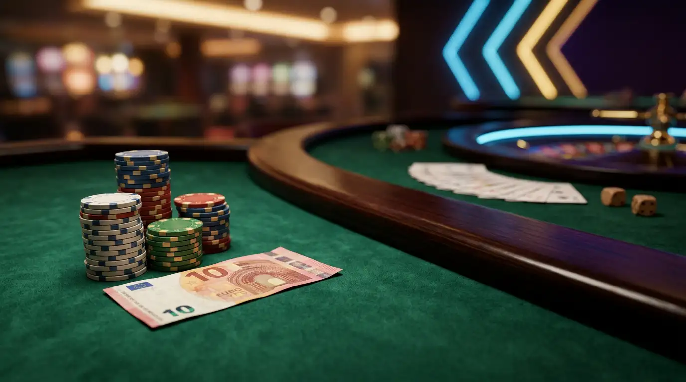 Speeltafel met fiches en een storting van tien euro in een Nederlands online casino