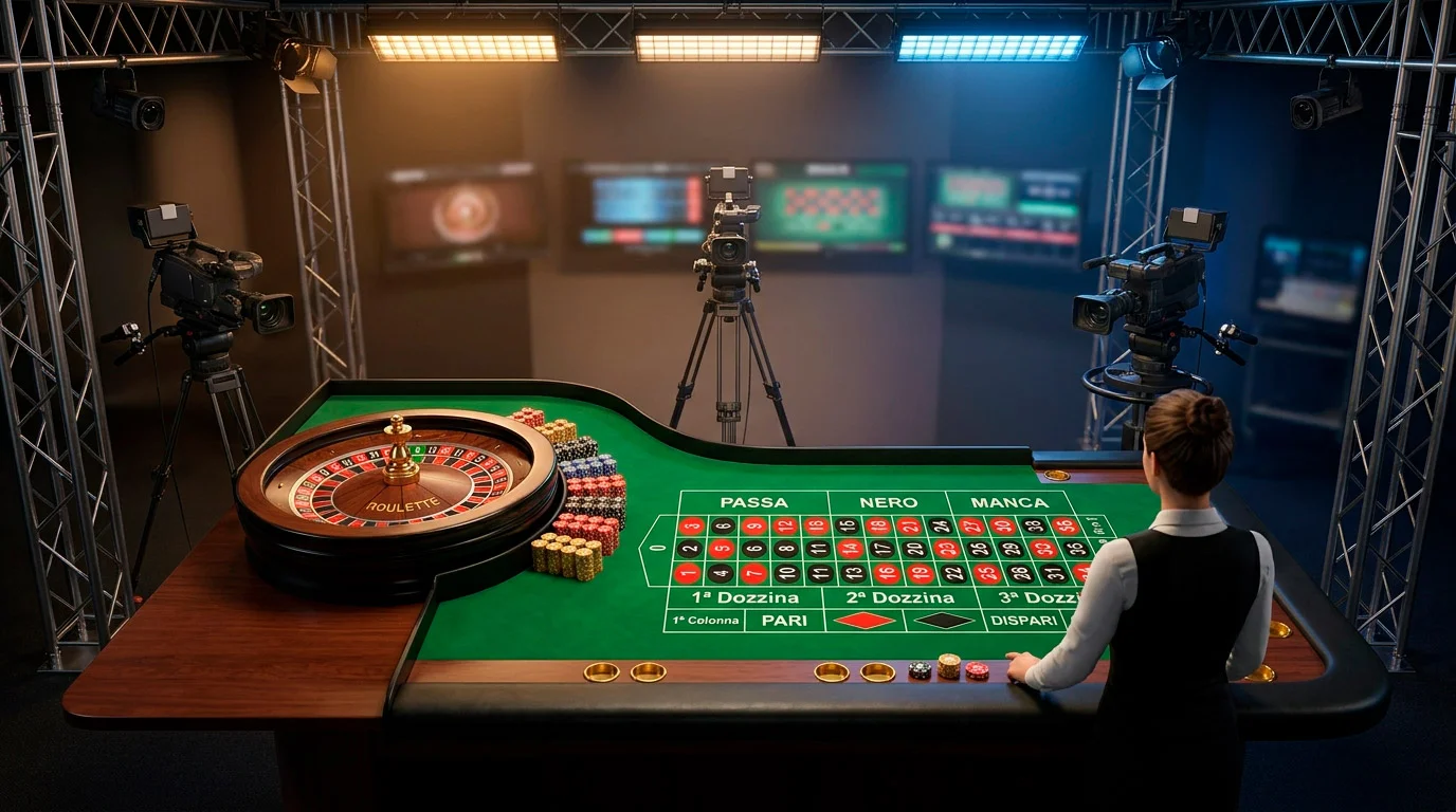 Tavolo da gioco dal vivo con croupier professionista durante una trasmissione in streaming in uno studio di casino online