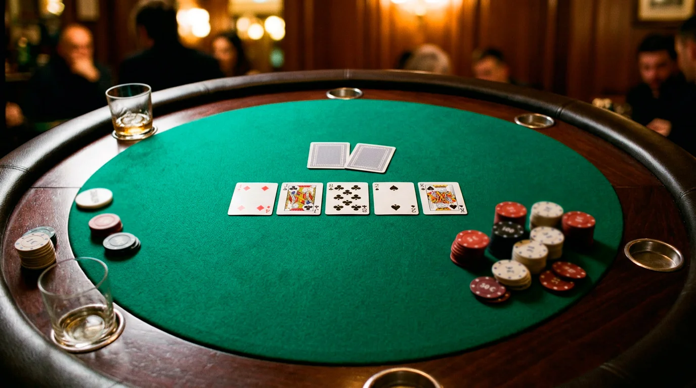 Tavolo da poker online con fiches e carte distribuite su sukno verde in atmosfera professionale