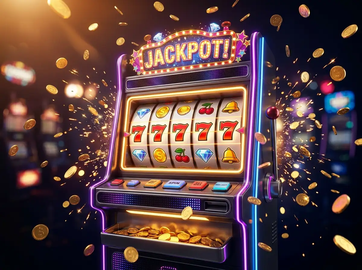 Maquina tragamonedas en linea con carretes girando y fichas de casino doradas sobre fondo oscuro iluminado con luces de neon