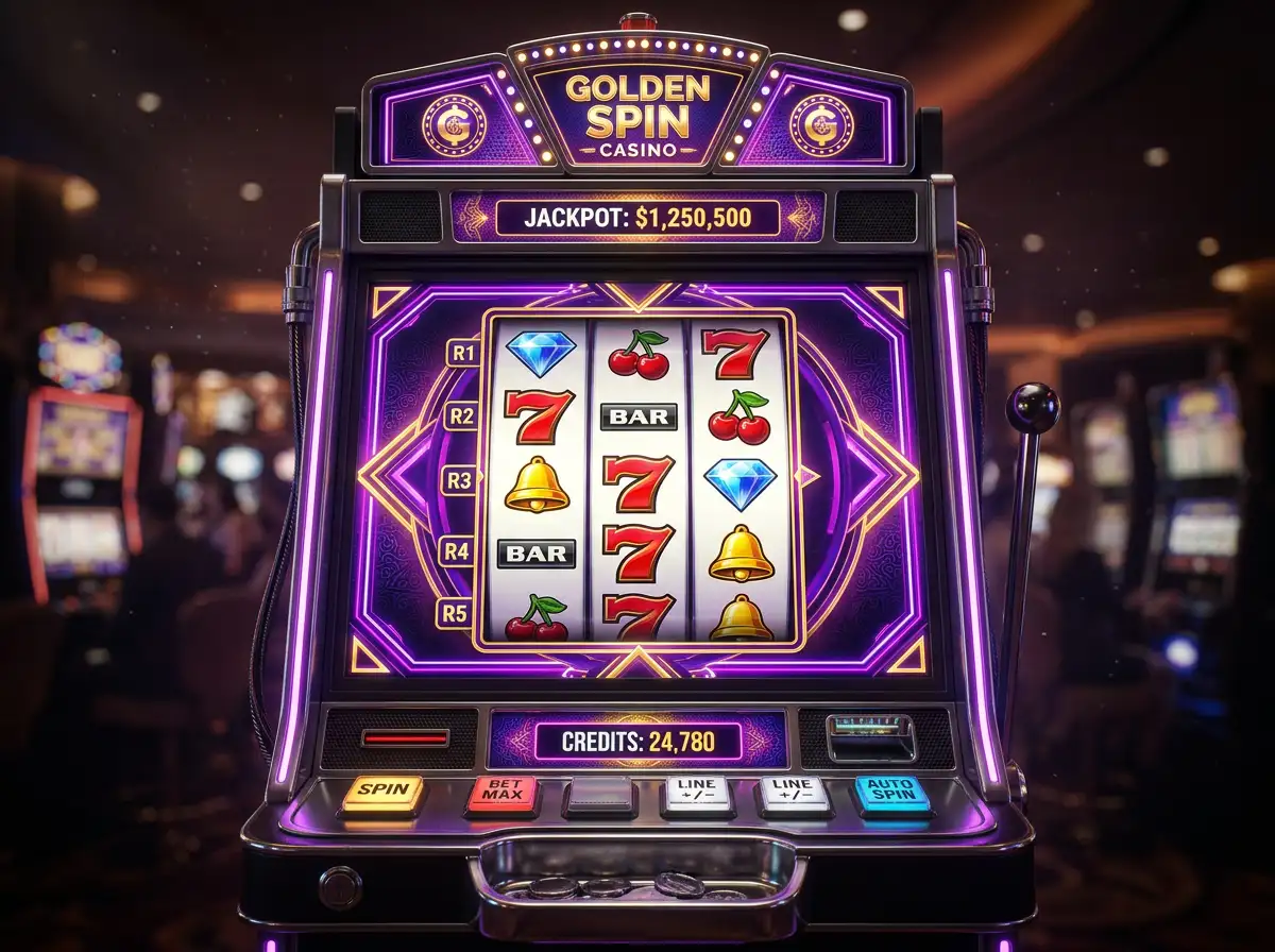 Maquina tragamonedas online con cinco rodillos iluminados por luces de neon en tonos purpura y dorado