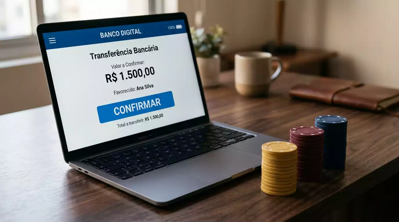 Ecrã de computador portátil a mostrar uma transferência bancária online com fichas de casino ao lado