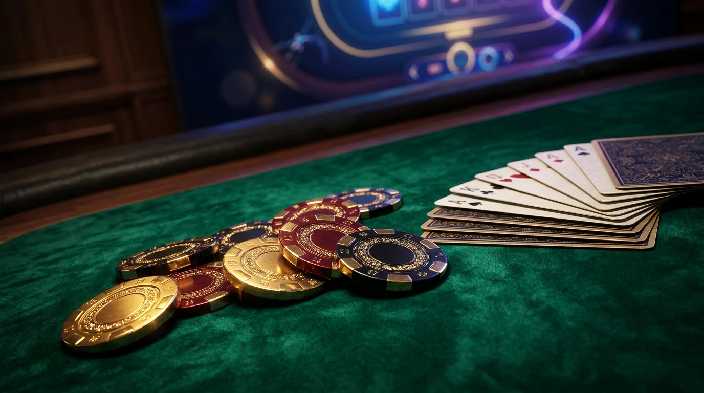 Online casino kayit bonusu konseptini gosteren profesyonel gorsel - kumarhane fisleri, kartlar ve dijital arayuz