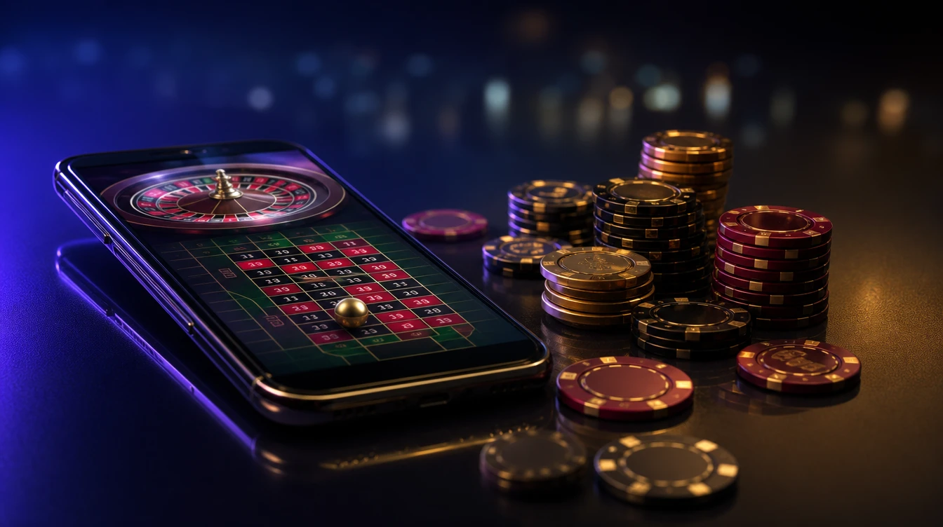 Akıllı telefon ekranında kumarhane oyunu görüntüsü, neon ışıklı modern ortam