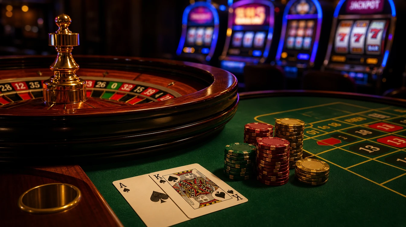 Online casino oyunlari - rulet carki, iskambil kartlari ve slot sembolleri ile dijital kumar deneyimi