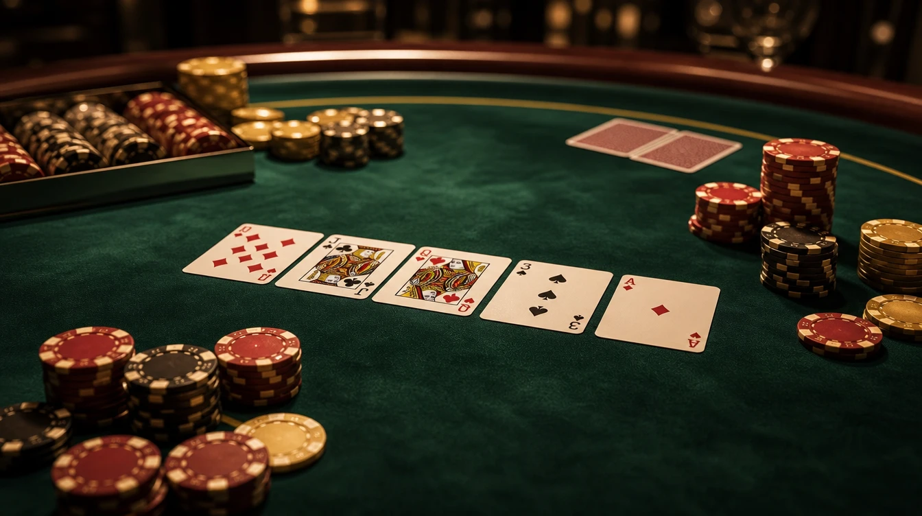 Yesil kadife poker masasinda dagitilmis iskambil kartlari ve fislerin yakindan gorunumu