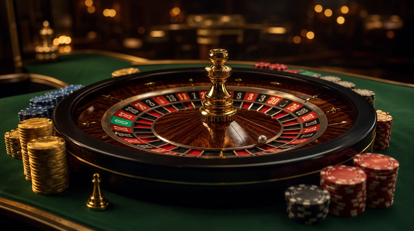 Online rulet masasında dönen çark ve üzerinde zıplayan top, kırmızı ve siyah hücrelerle birlikte parlayan casino atmosferi