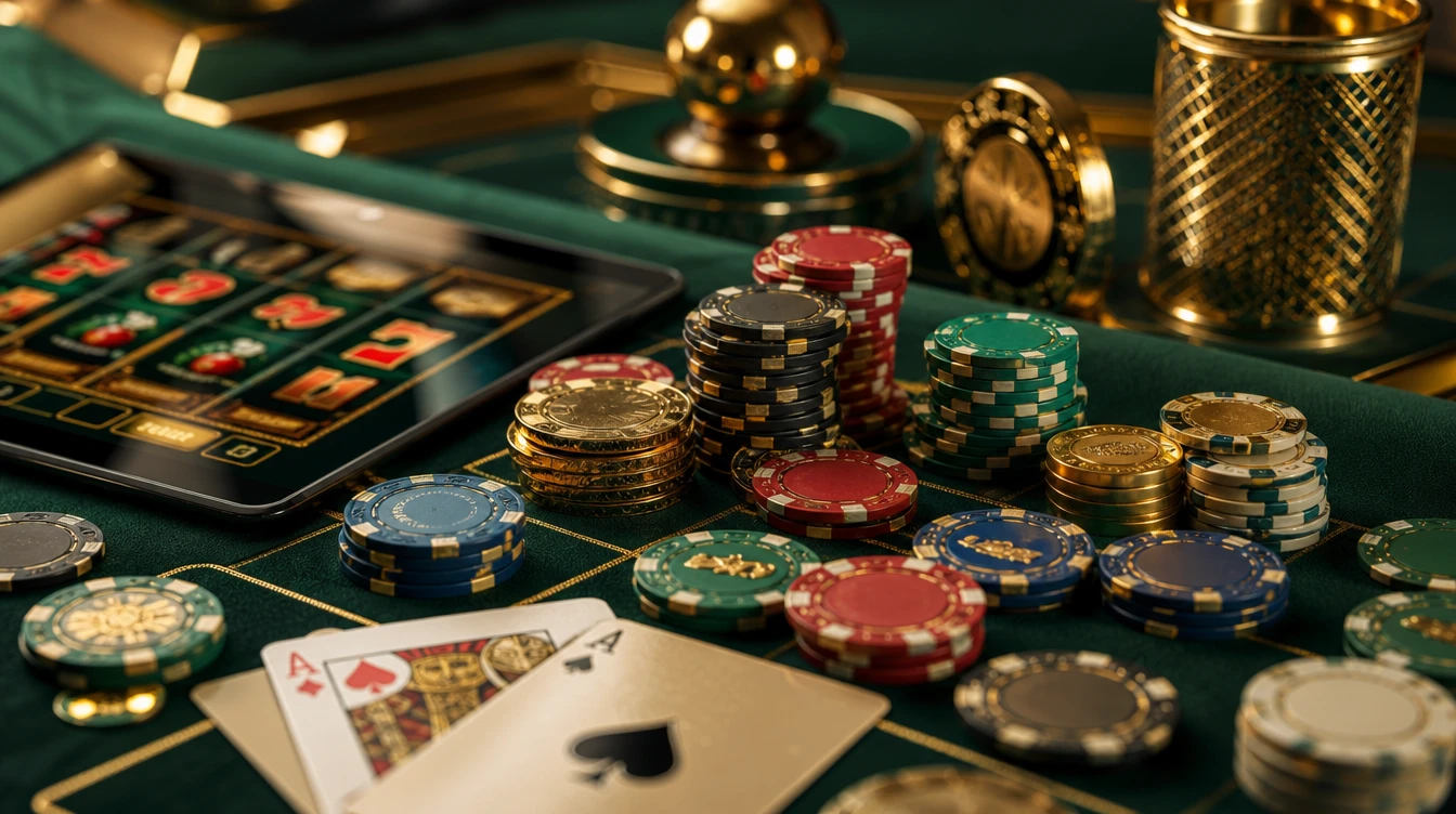 Online casino masasinda depozitosuz bonus konseptini yansitan fiş ve kartlarla dolu atmosferik sahne