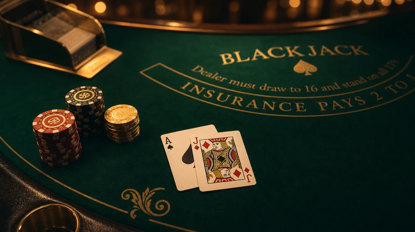 Blackjack masasinda kartlar ve fislerin yer aldigi profesyonel bir oyun gorunumu